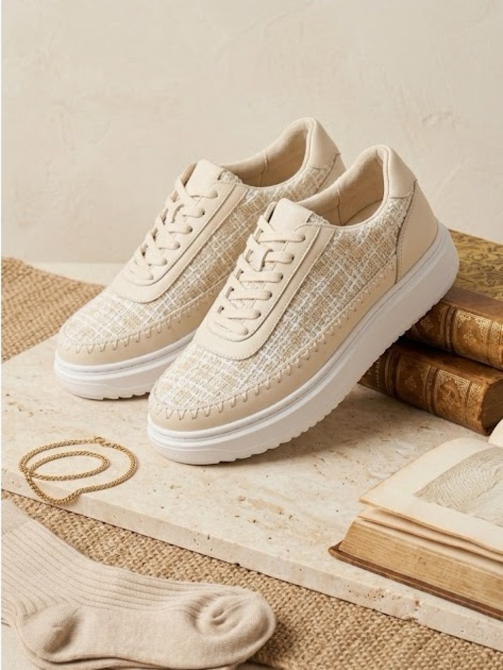 Casual Tweed Platform Sneakers - Cream - Picture 4 of 5